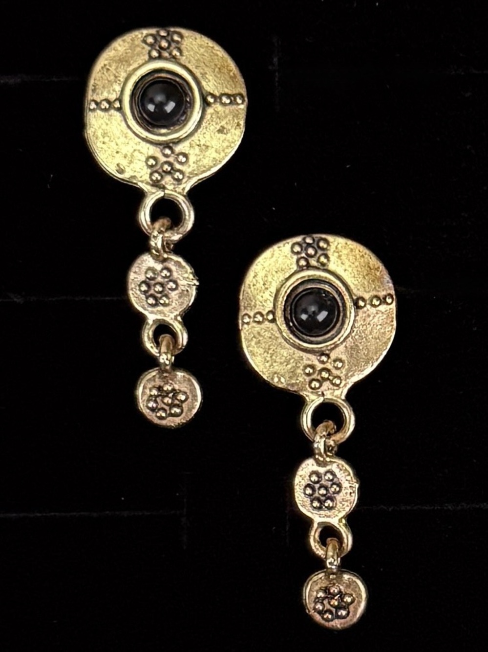 Vintage Brass tone black accent, modernist long dangle pierced earrings